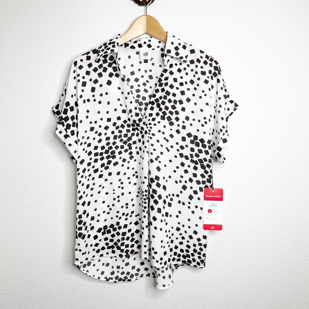 Cabi Replay Top 6505 Black White Geometric Square Print Blouse Small NWT